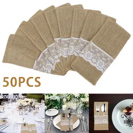 Andra evenemangsfest levererar 50st burlap spetsar bestick påse bröllop tabellhållare väska hessian rustik jute bord dekoration tillbehör 230422