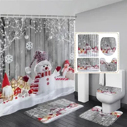 Duschvorhänge, Weihnachts-Schneemann-Duschvorhang-Set, Schneeflocken-Weihnachtskugeln, graue Planke, Schneejahr, Heimdekoration, Badezimmer, Badematte, Toilettendeckelbezug 231122