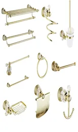 Bad-Zubehör-Set, poliertes Gold, Badezimmer-Accessoires, weiße Kristall-Dekoration, Hardware aus massivem Messing, Doppel-Handtuchringhalter, Bath1421936