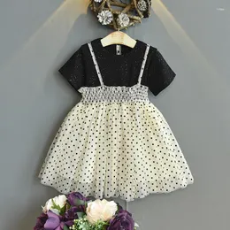 Girl Dresses Flower Fake Two Starry Sky Princess Dress Baby Polka Dot Gauze Woman's Gown 2023 Summer