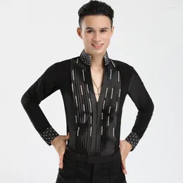 Stage Wear 2023 Autumn Adult Latin Dance Shirts Male Black Long Sleeve Shirt Män toppar Ballroom Samba Cha Competition Performance Performance