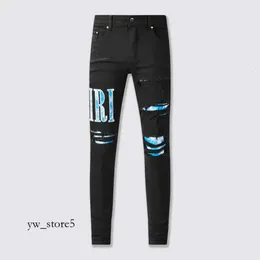 Jeans roxo masculino jeans amari jeans preto angustiado streetwear moda magro bordado letras padrão retalhos danificado magro estiramento 9774