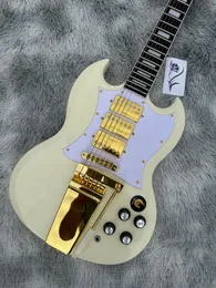 WITHE Chitarra elettrica personalizzata, chitarra elettrica Imported Gold Jazz Treble SG, bianco crema, vibrato oro