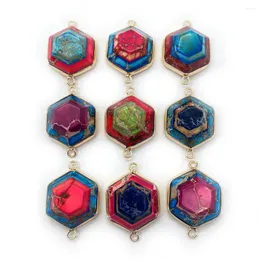 Colares pendentes Imperador de pedra natural colorido colorido de retalhos 3D Hexagonal Double Hole Connector Diy Brincos de jóias de moda