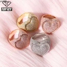 Iced Out Pink Heart Ring Ins Hot Selling Bling Rose Gold Big Size Heart Shape Party Ring Cz Micro Setting Shiny Heart Ring