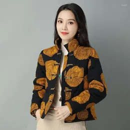 Ethnic Clothing 2023 National Flower Print Short Coat Stand Collar Women Loose Chinese Vintage Tradition Tang Suit Style Padded Jacket