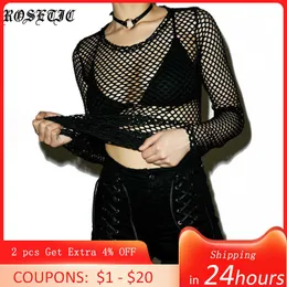 T-shirt feminina Rosética Sexy Fishnet Tops Mulheres pretas Sexy malha gótica Hollow Out Manga Longa Rasgada Veja através de Summer Senhoras Camisa P230328