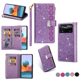 Luxury Flip Glitter Leather Wallet Bag Case för Xiaomi Poco X5 Pro 5G C55 X3 NFC M4 M3 X4 Pro X4 GT M5S M5 F4 C40 Korthållare Bling Case