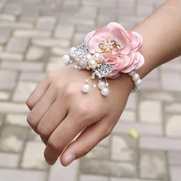Dekorativa blommor damer handledsblomma elastiska armband brud brudgum klänning corsage strass pärla diy brudtärna band armband xh069
