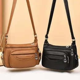 Kvällspåsar Enkel crossbody Sling Bag Multi-Layer Pocket Soft Leather Messenger Handbag Classic Designer Solid Zipper Ladies Travel
