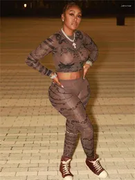 가을 2 피스 팬츠 세트 스트리트웨어 트랙 슈트 여성 긴 소매 인쇄 상단 높은 허리 정장 메쉬 블랙 매칭 의상