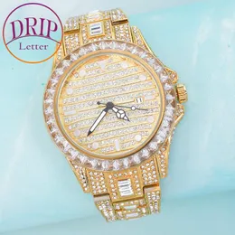 Wristwatches Drip Letter Big Golden Color Watch For Men Luxury Rhinestone Business Waterproof Clock Hip Hop Fashion Jewelry 2023 Trend