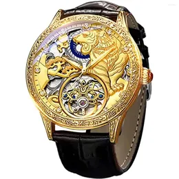 Zegarek na rękę Złotą luksusową turbillon zegarek Tiger Rzeźbiony księżyc Faza Automatyczna uzwojenie mechaniczna czaszka retro tatuaż