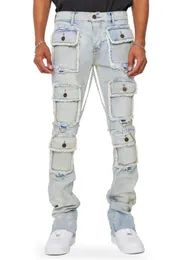 Męskie dżinsy ciężkie Pockets Muti Pockets Worbgy Men Slim Fit Elasty Y2K Cargo Pants Male's High Street Denim Ubrania 231123
