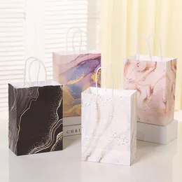 Brocada de presente 5pcs Design de mármore Kraft Paper Bag com manuseio de festas de aniversário sacos de embalagem casamento s para convidado Eid Ramadan Supplies 230422