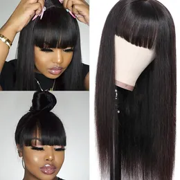 Full Bangs Natural Black Long Silky Straight Wig with Baby Hair Heat Resistant Glueless Synthetic None Lace Wigs for Fashion Black women