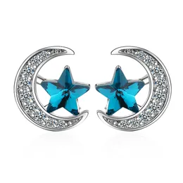 Kolczyki stadninowe 925 Srebrne kolczyki z cyrkonem Women Blawling Blue Star and Moon Crystal Stud Luksusowa biżuteria na przyjęcie weselne