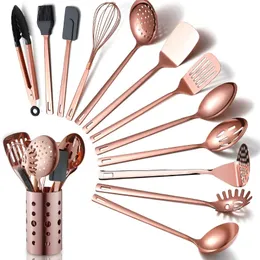 Conjunto de utensilios de cocina de cobre, 13 piezas de utensilios de cocina de acero inoxidable con placas de oro rosa de titanio, herramientas de cocina antiadherentes al ingenio