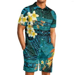 Fatos masculinos polinésio tribal havaiano totem tatuagem havaí imprime homens lapela camisa plumeria manga curta shorts de poliéster de secagem rápida
