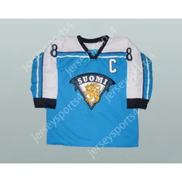Blu personalizzato 8 Teemu Selanne Finlandia Hockey Jersey Nuovo top cucito S-M-L-XL-XXL-3XL-3XL-4XL-5XL-6XL