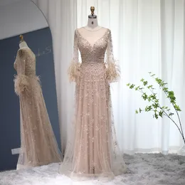 Party Dresses Elegant Champagne Feathers Long Sleeves Evening Luxury 2023 Dubai Beaded Muslim Women Wedding Formal Gowns SS101 230422