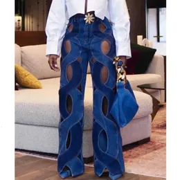 Womens Jeans High Street Cutout Hollow Out Criss Cross Straight Flare Women Denim Pants 2023 Ins Fashion Wide Leg Trousers 230422