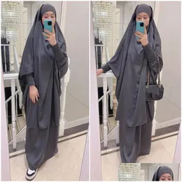 Ethnic Clothing Women Muslim Prayer Garment Plain 2 Piece Jilbab Set Nida Hooded Abaya Khimar Hijab Long Skirt Islam Clothes Dubai Dro Dhadq