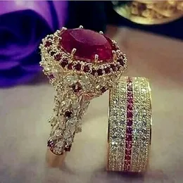 Кольцо-пасьянс Элегантное кольцо золотого цвета в стиле хип-хоп для женщин, модные инкрустированные цирконом красные камни, обручальные кольца, комплект свадебных обручальных украшений 231218