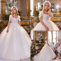 Белая тюль принцесса цветочные девушки одеваются с цветочными кружевными аппликациями свадебные формальные платья маленькой девочки длинные пухлые малыш