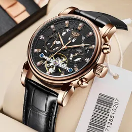 Wristwatches LIGE Classic Retro Black Leather Mens Mechanical Watches Top Creative Date Week Automatic Watch For Men Wristwatch