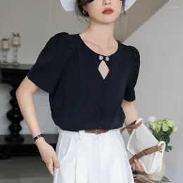 Women's Blouses Vintage Knot Button Round Collar Womens Elegant Hollow Out Short Sleeve Shirt Korean Female Summer Blouse Tops Black