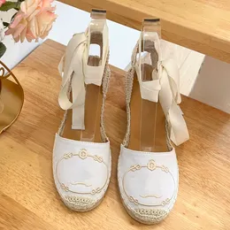 Neue Leinen bestickt Espadrilles Wedge Sandals Plattform Pumpen Heels Sommer Damen Luxusdesigner Leder Sohle Mode Sand Freizeitschuhe Fabrik Schuhe Schuhe