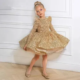 Girl s Dresses Children Clothing Baby Girl Puffy Gauze Birthday Elegant Princess Prom Dress for Kids Gold Sequin Long Sleeve Ball Gown 231123