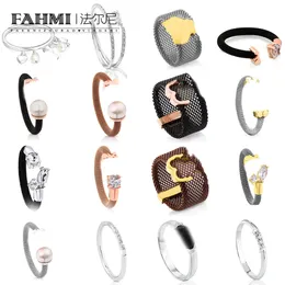 FAHMI High-end plain three-ring pink bear pearl open ring wide version narrow version ring Special gifts for Mother Wife Kids Lover Friends