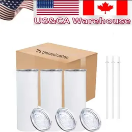 USA/CA Local warehouse Sublimation Tumblers 20oz Stainless Steel Insulated Straight Blanks White Water Cups with Lid And Straw For Heat Transfer 25pcs/Carton 1123