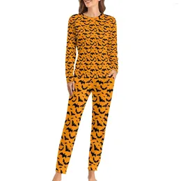 Damen-Nachtwäsche, dunkler Gothic-Pyjama, Damen-Halloween-Fledermaus-Druck, schönes langärmliges zweiteiliges Schlafset, übergroßer Heimanzug, Geschenk