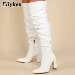Boots Eilyken Winter Women Over-the-Knee Boots Punk Style Square High Heel Zipper Shoes Pleated Pointed Toe Ladies Long Booties 231122