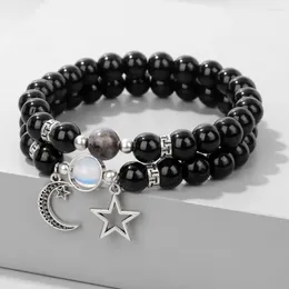 Strand 2 pçs/set estrela lua casais labradorite pulseira pedra natural preto ônix opala contas estiramento pulseiras para mulheres masculino jóias presente