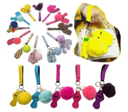 11 ألوان 5pcs سلسلة مفاتيح الدفاع مجموعة Pompom Hand Listizer Strap حزام الشفاه مفاتيح مفاتيح Silver Keyring للنساء للدفاع عن النفس 12 LL