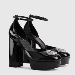 Plataforma de couro de patente Chunky Heel Dress Shoes Ankle Strap Cristal Fivela Sandálias Bombas Mulheres Partido Noite Sapatos Designer de Luxo Saltos Altos 35-42 Com Caixa