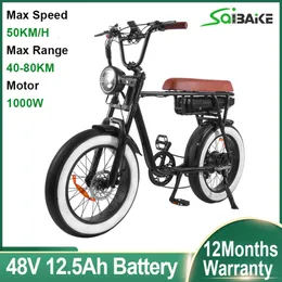 1000W دراجة كهربائية 48V 12.5AH MTB Mountain Bicycle 20*4.0 حافة بيضاء الإطارات الإطارات Ebike Aluminium Sploy Supension Road Road Road