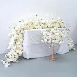 Decorative Flowers Luxury Wedding White Rose Orchid Flower Row Runner Arrangement Banquet Event Decor Table Ball Party Prop Large Floral