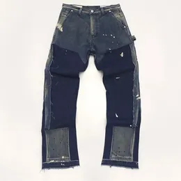 24SS Primavera Verão Masculino Distress Jeans Vintage Pintados Joelho Duplo Calças Cargo