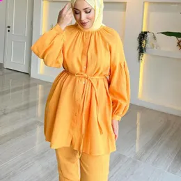 Etnik Giyim Müslüman Kadınlar Eşleşen Setler Uzun Kollu Düz Renk Üstleri ve Gevşek Pantolon Takımları Zarif Moda Günlük Takip Kaftan 2023