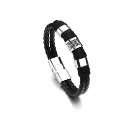 Classic Stainless Steel Men Bangle Bracelet Double-layer Design DIY Woven Leather Rope Wrap Special Style
