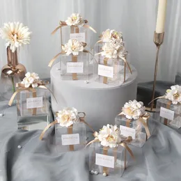 Present Wrap 1050st Wedding Transparent Box för gästpåse Artificial Flower Ribbon Souvenir Dragees Matte Baptism 230422