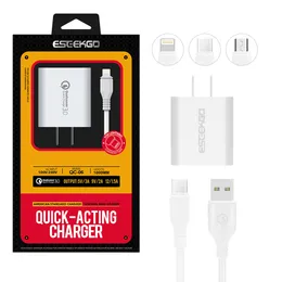 New Arrival ESEEKGO QC-06 Set 1*USB-A QC3.0 Travel Adapter with 1M Data Cable EU/US Fast Chargers in Retail Box