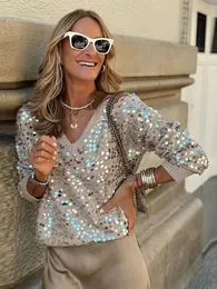 Kvinnors tröjor Fashion Sequins Glitter Loose For Women Sexig V Neck Long Sleeve Wram Jumper Tops Office Ladies Weam Pend Pullover 231123