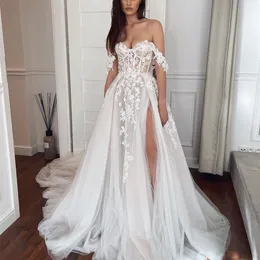 Bohemian Beach Wedding Sukienka Ślubna Wydzielenie się z barku Tiul z kości słoniowej A-line gorsetowe suknie ślubne koronkowe aplikacje na zamówienie Summer Sexy Backless szata de Mariee