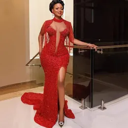 Gorgeous Red Sequin Mermaid Dresses Side Split Crystal Beading Tassel Celebrity Gown O Neck Sheer Breast Evening Party Gowns 326